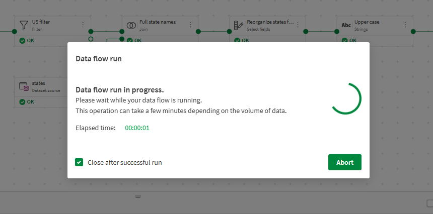 Modal showing the progress of the run