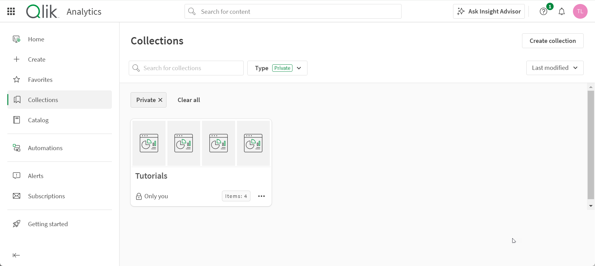 Collections section in the Analytics activty center showing a single collection.