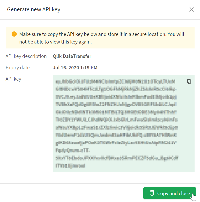 API key summary screen