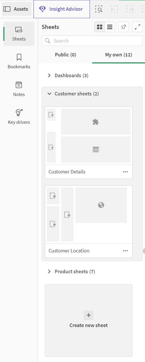 The assets panel open to Sheets. There are three groups, Dashboards, Customer sheets, and Product sheets. Customer sheets is open while the other two groups are collapsed.