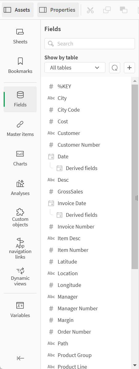 Assets panel in advanced sheet edit mode with Fields selected