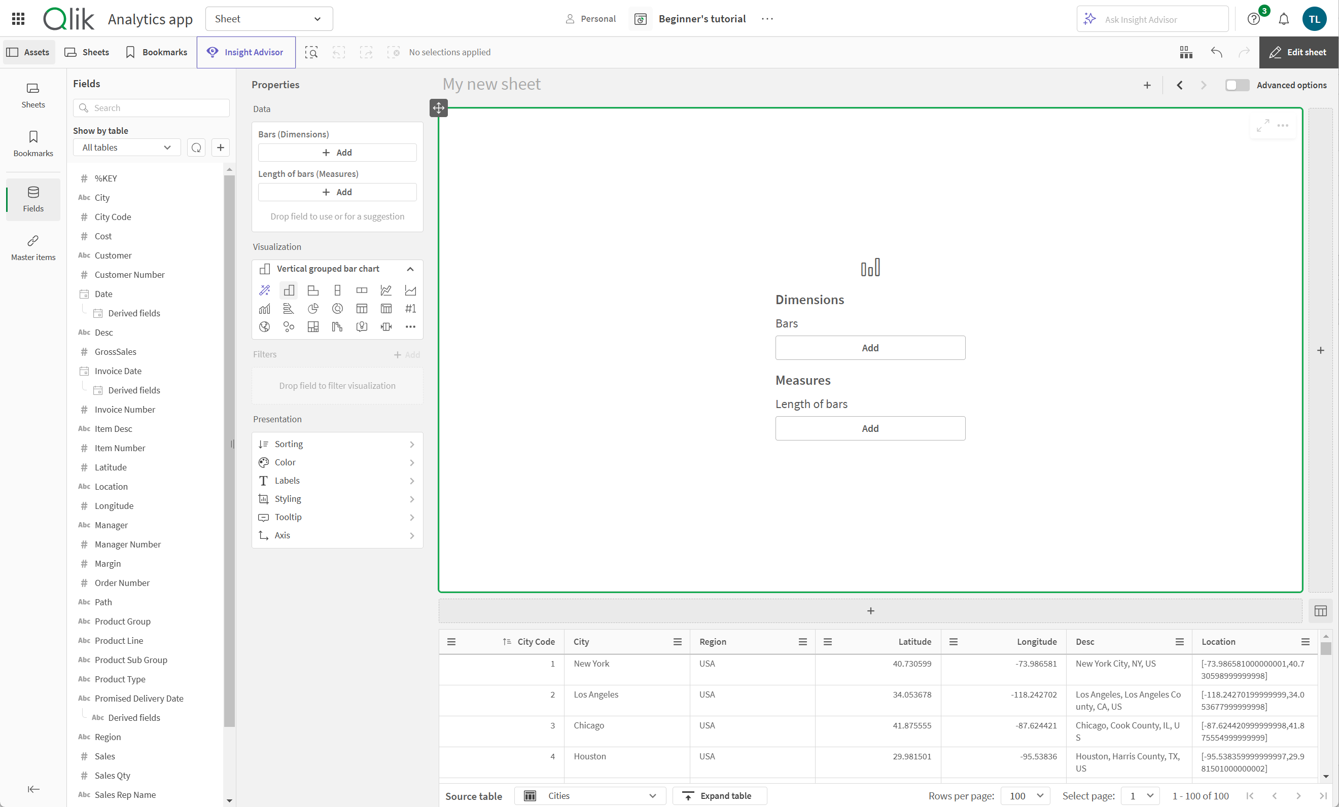 A new sheet opened in edit mode with the default visualization set to vertical grouped bar chart.