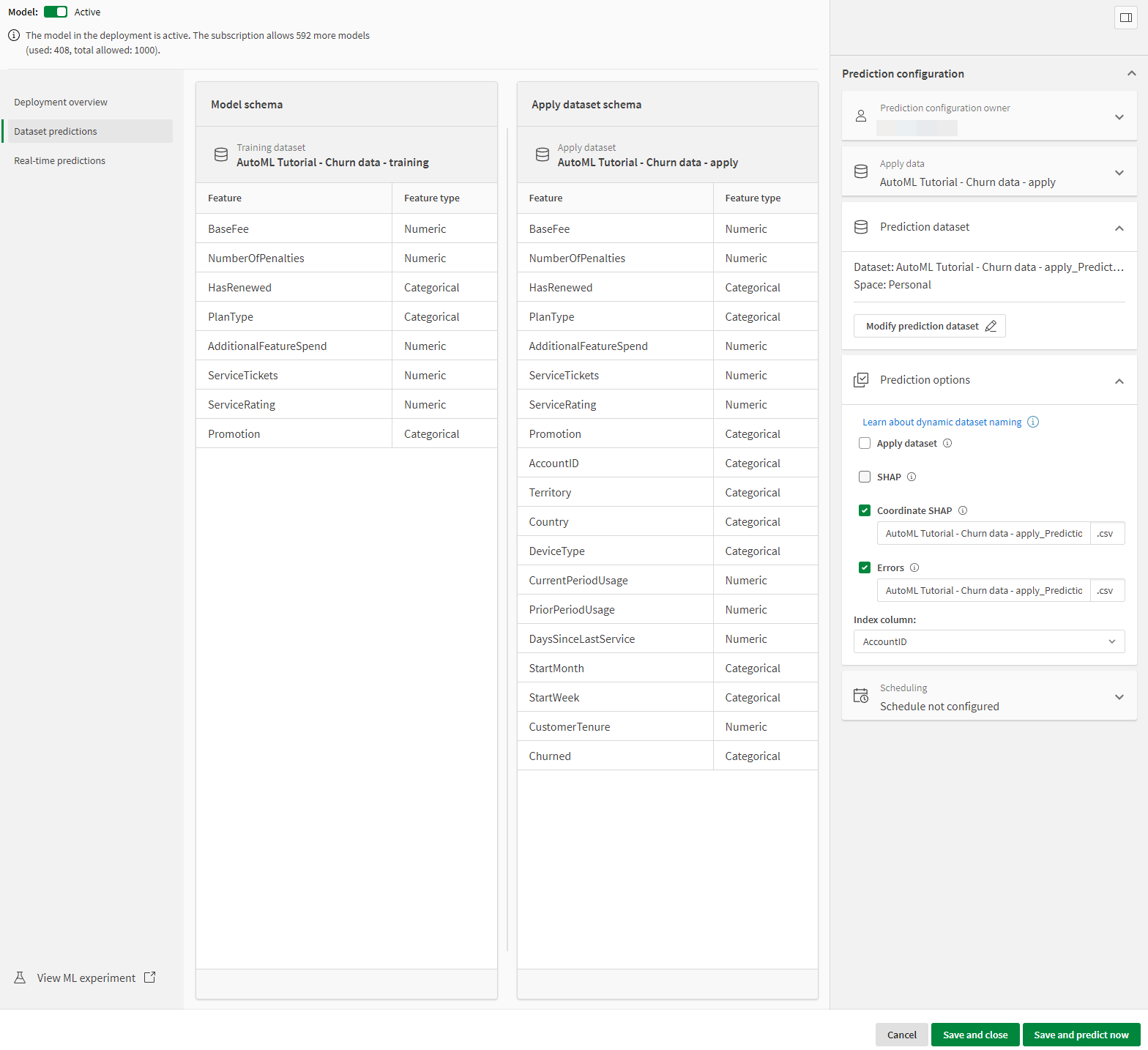 Prediction configuration menu and dataset schemas when creating predictions.