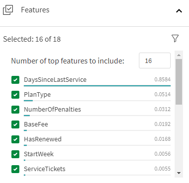 Features section in the AutoML training customization panel