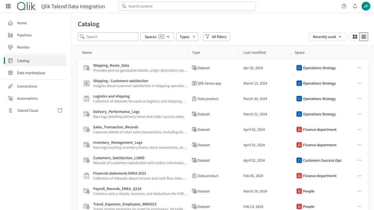 Overview of the Catalog page in Qlik Talend Data Integration