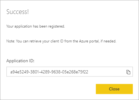 Power BI registration success message