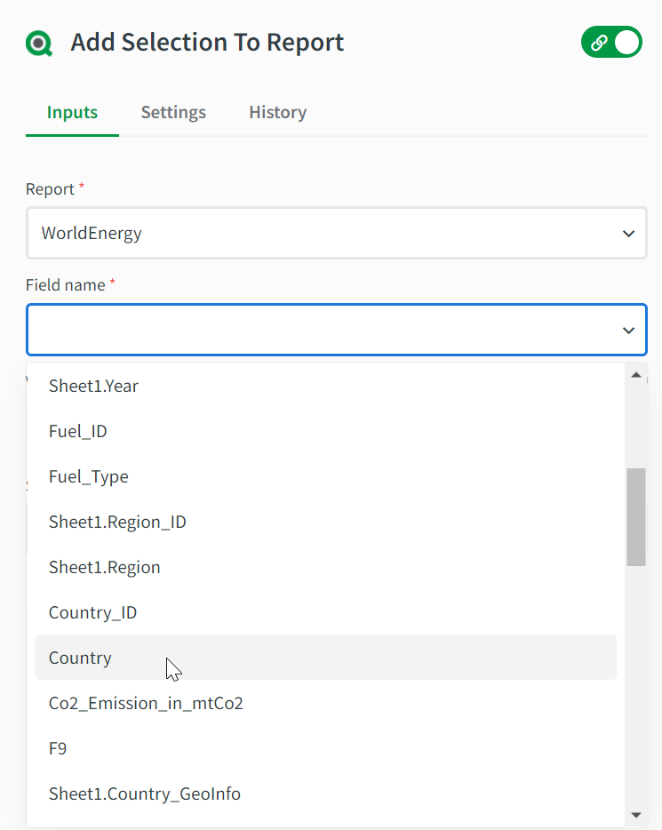 The field name file for the add selection to report block