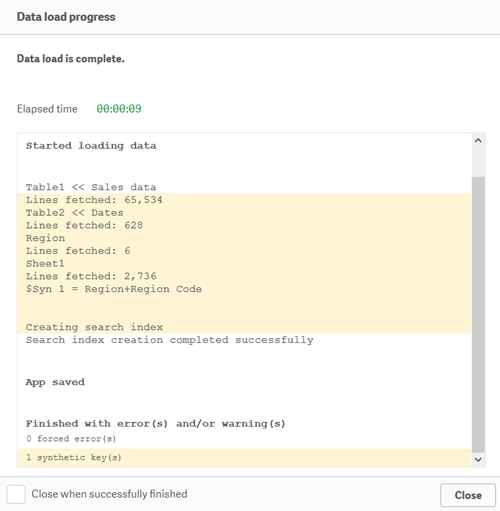 Data load progress window with synthetic key warning.