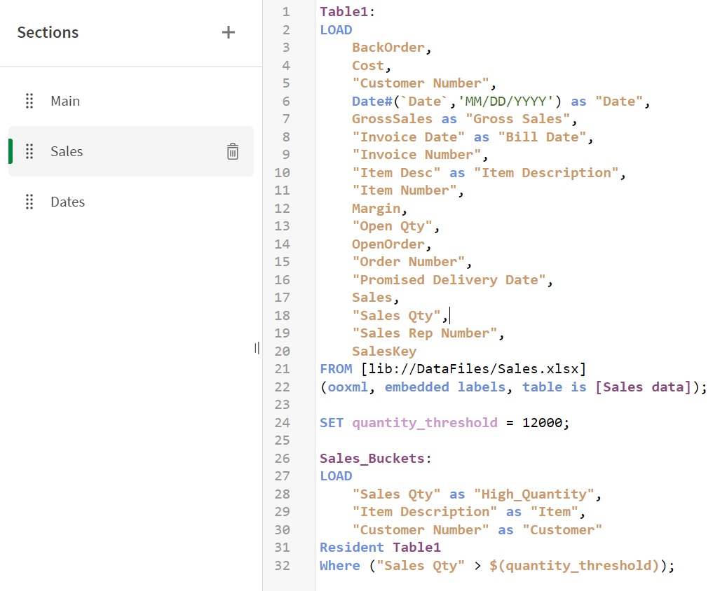 Load script window with script to create new table called Sales_Buckets.