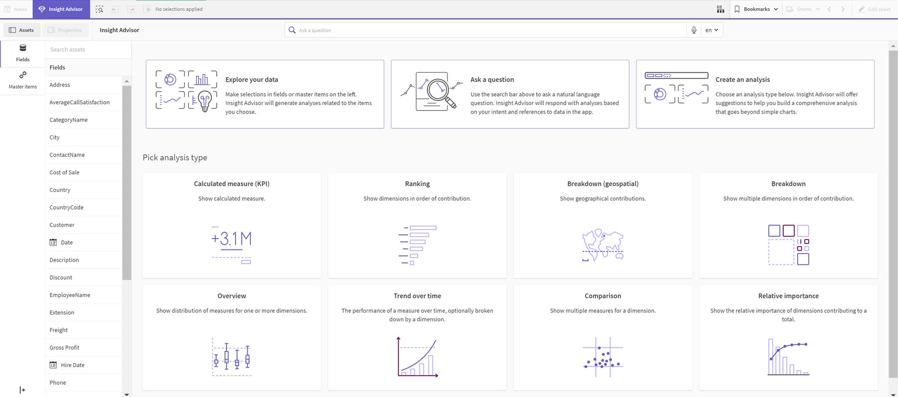 Insight advisor with business logic applied. The Assets panel has hidden many fields that were not relevant from analysis.