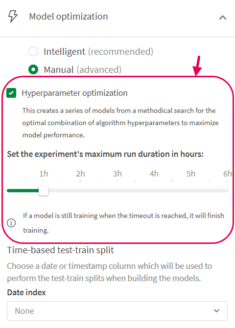 AutoML training customization panel with hyperparameter optimization activated