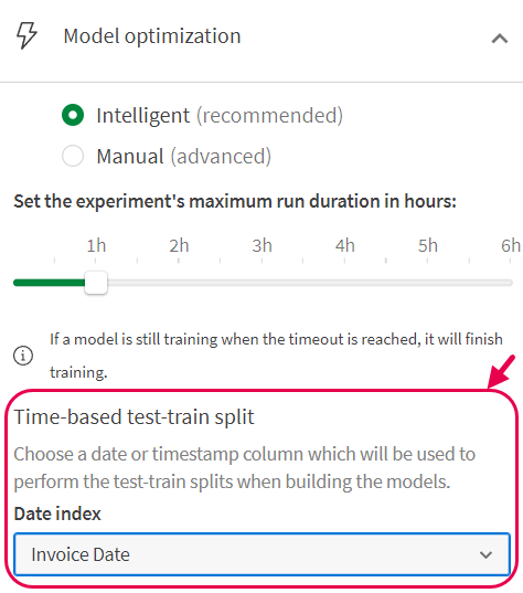 AutoML training customization panel with a date column selected to activate time-aware training