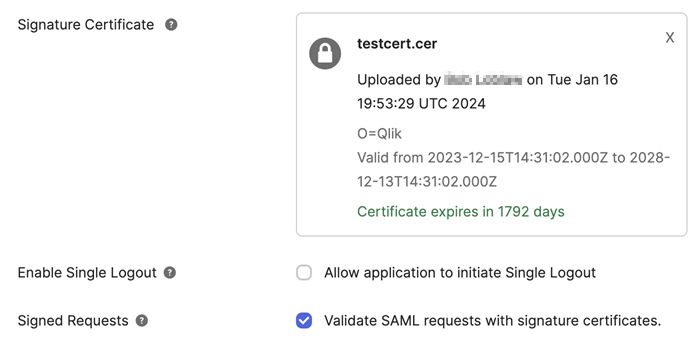 Certificate details shown in Okta.