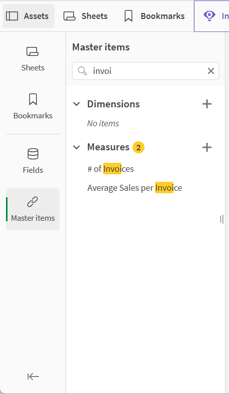 Search results for 'invoi' in Master items. Two results, # of invoices and Average Sales per Invoice, are shown.