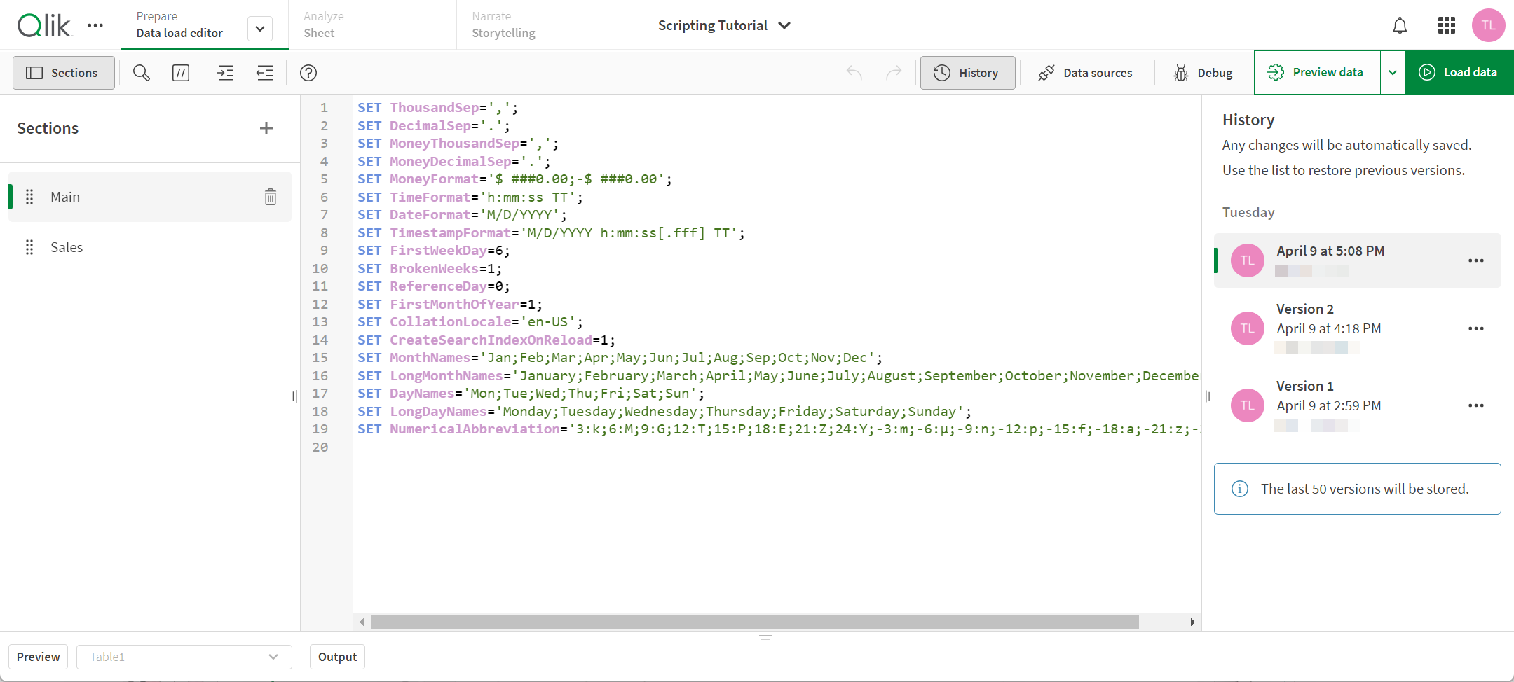 Data load editor with History open, displaying 4 different versions.