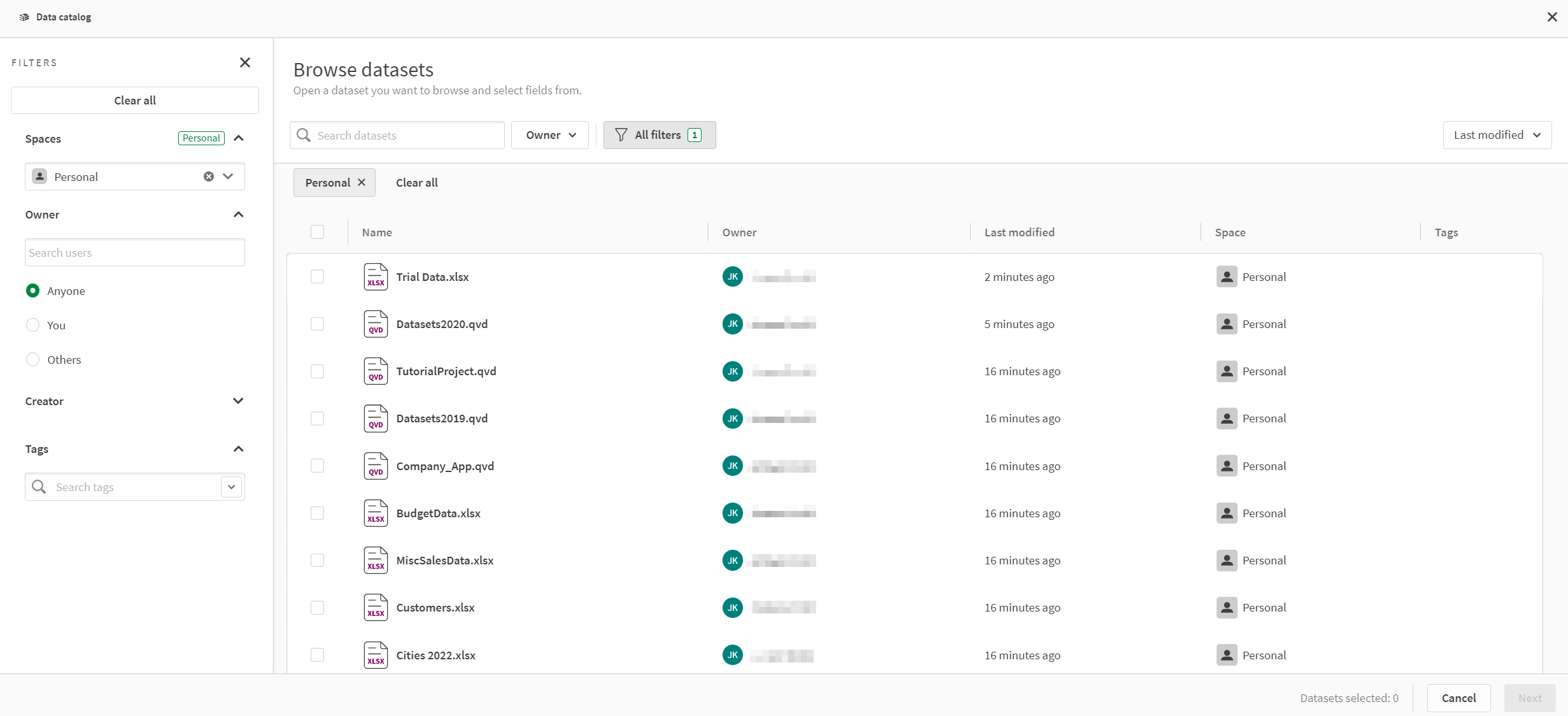 Data catalog, with Filters open