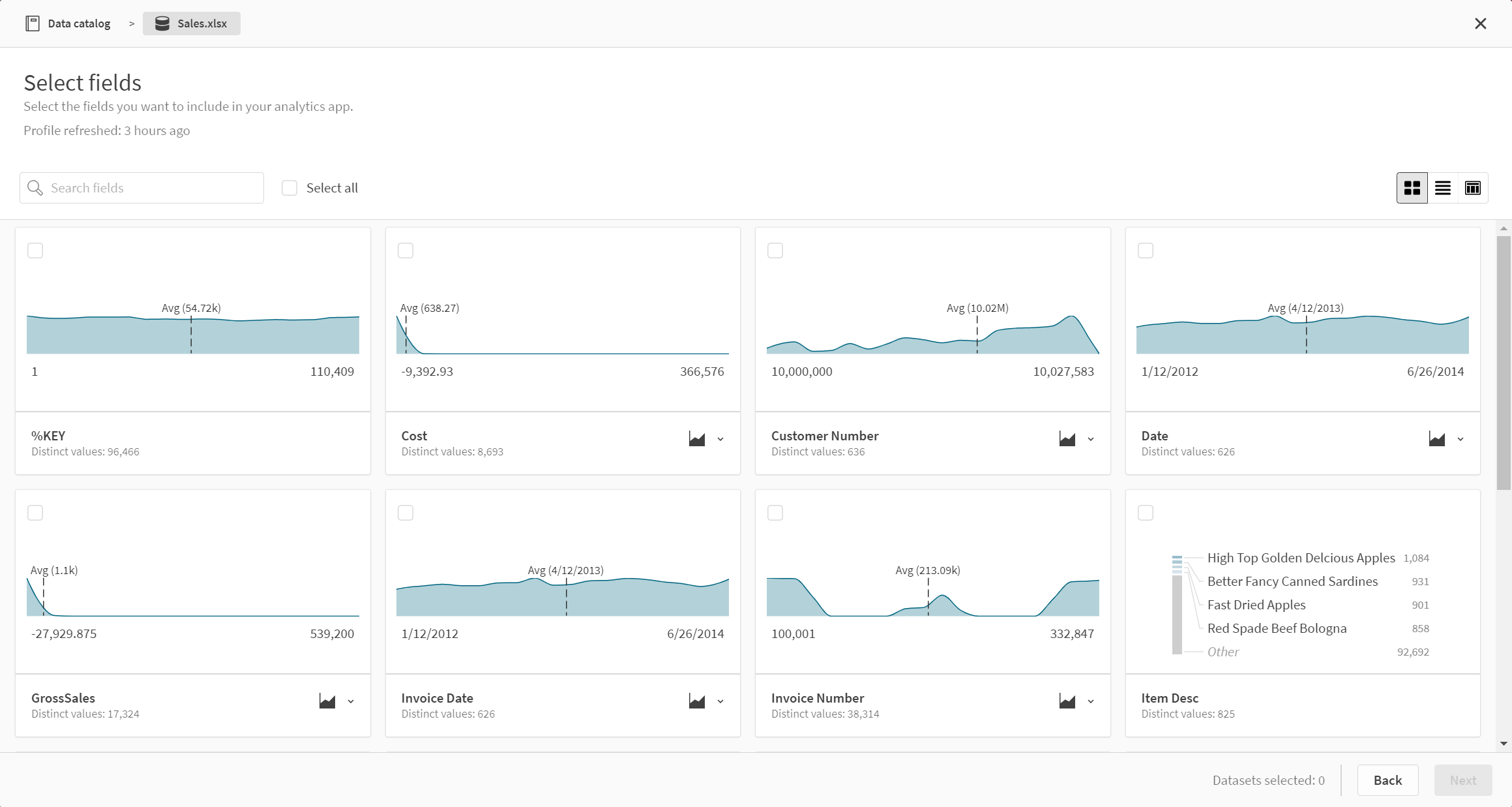 The tile view of select fields in Data Catalog