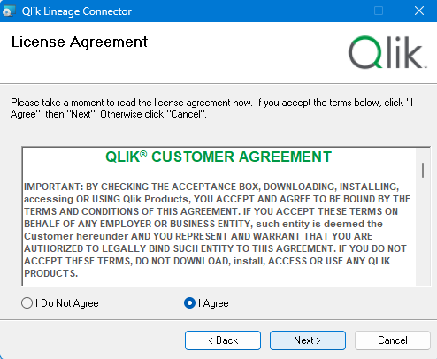 Review the Qlik Lineage Connectors license agreement + select I Agree to continue the installation