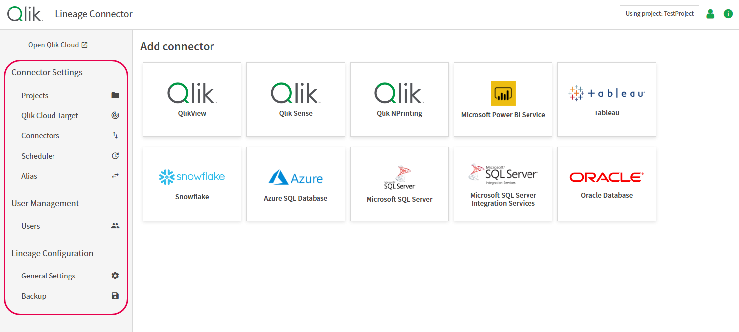 Qlik Lineage Connectos components panel 