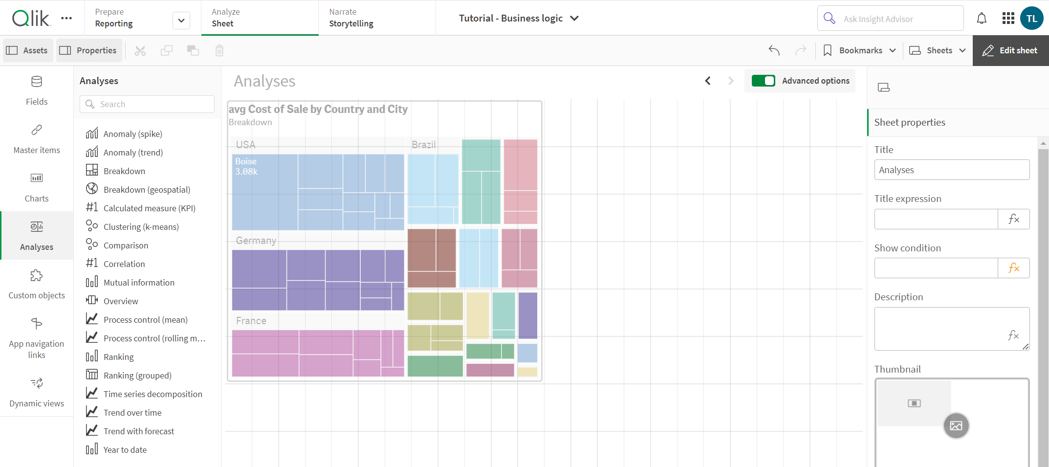 Analyses in sheet edit mode.