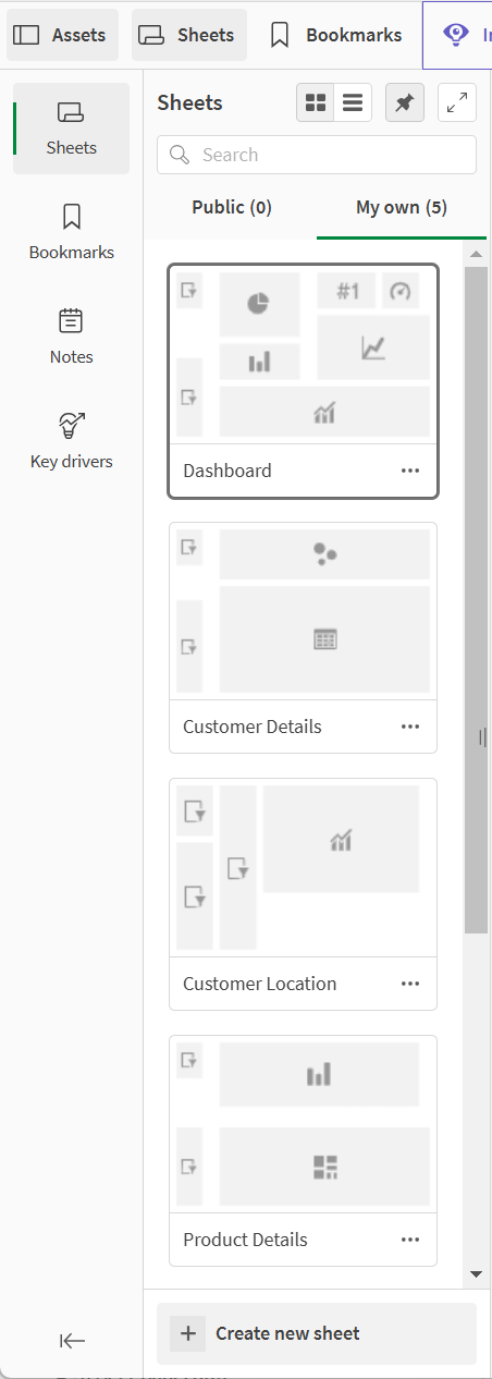 An open assets panel showing the sheets in the app.