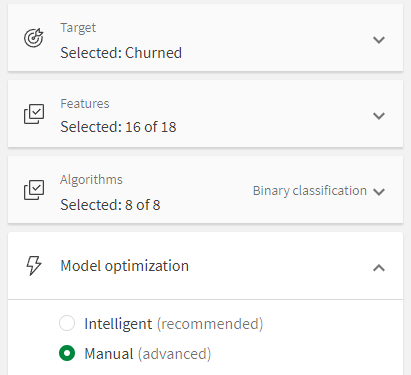 Experiment configuration panel with intelligent model optimization turned off