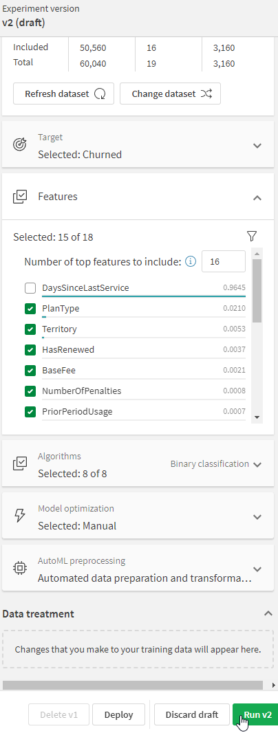 Experiment configuration panel showing configuration of v2. Feature 'DaysSinceLastService' is removed