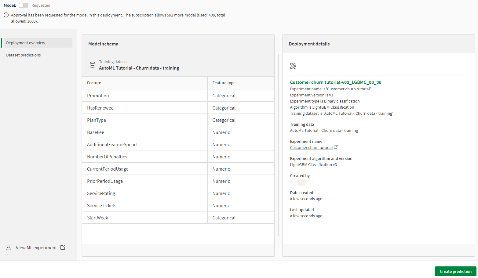 Deployment overview for the new model in the ML deployment interface. The top of the ML deployment interface should have a toggle switch showing the model in the deployment is in 'Requested' state.