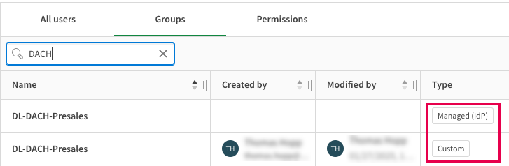 A screenshot of two groups with the same name, differentiated by type labels.