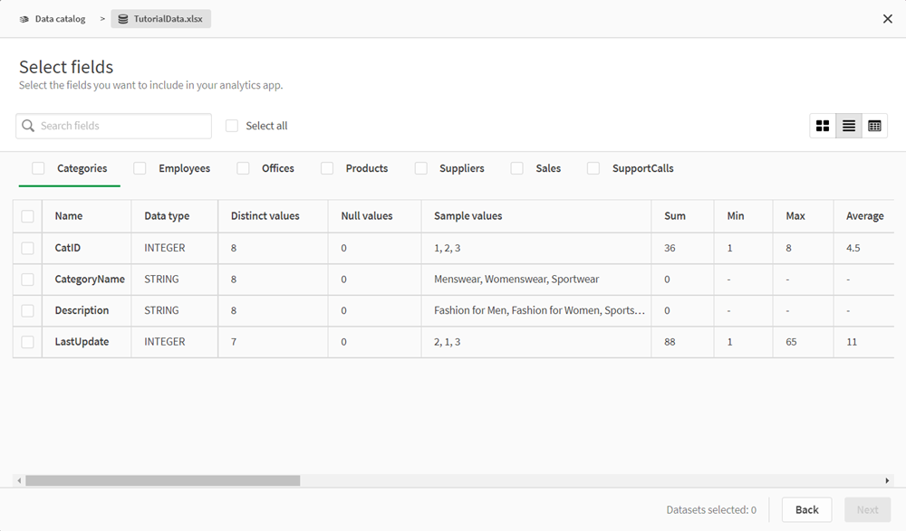 The list view of select fields in Data Catalog