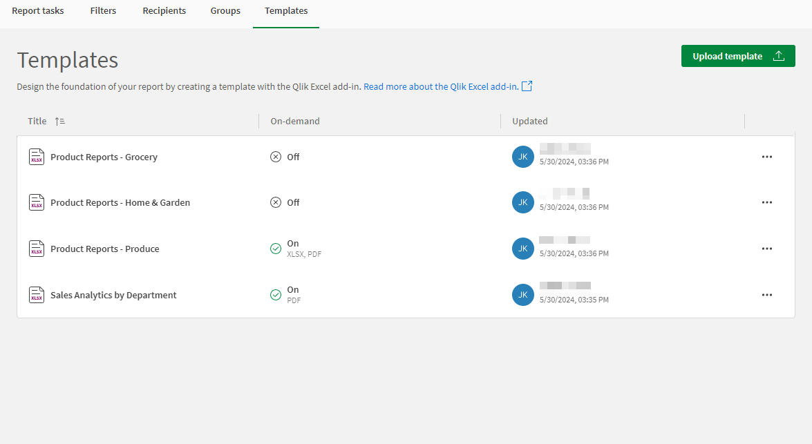 The 'Templates' tab in the Reporting section of a Qlik Sense app. This is where you add templates and manage existing ones