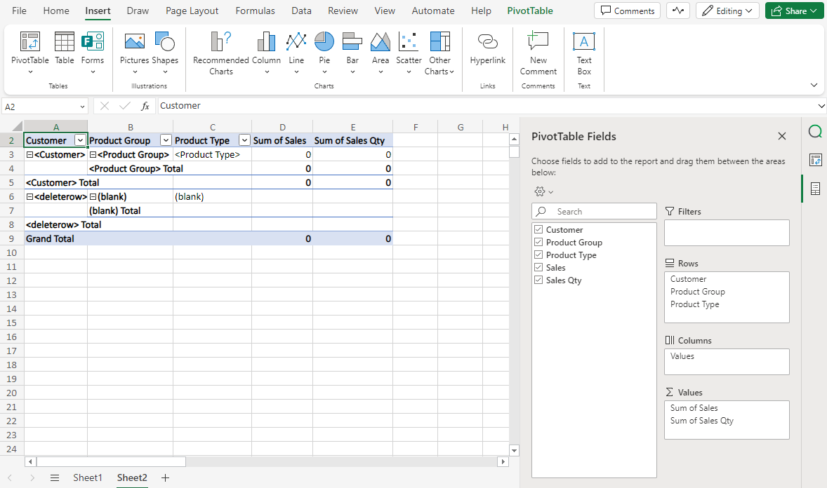 Configuration settings for native Excel PivotTable