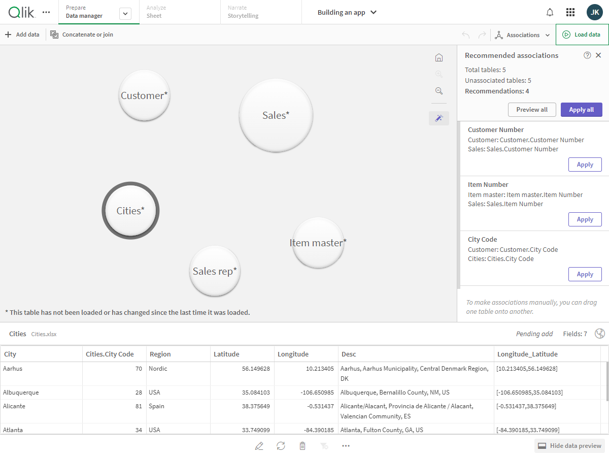 Data tables in Data manager ready to be associated