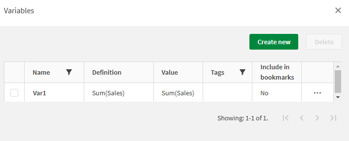 Variables dialog showing definition and value of variable Var1, when an equal sign is not placed at the start of the variable definition (which is Sum Sales). As a result, the variable's evaluated value is Sum(Sales)