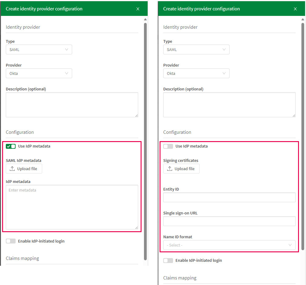 Configuration panes shown with and without using IdP metadata