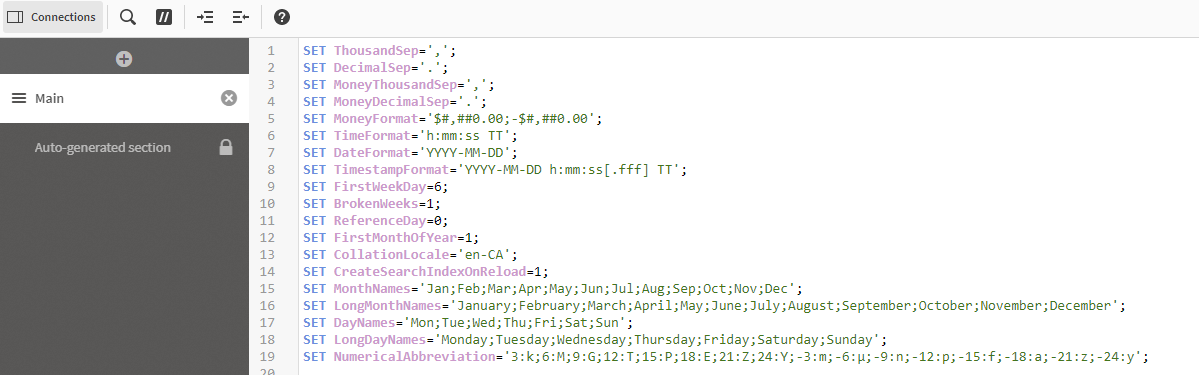 The automatically generated Main section of Data load editor, with regional settings