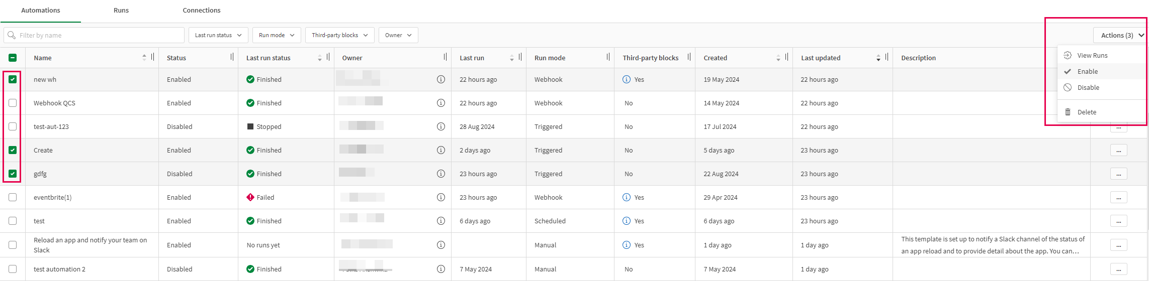 Automations table from the management console with three selected automations and bulk action menu