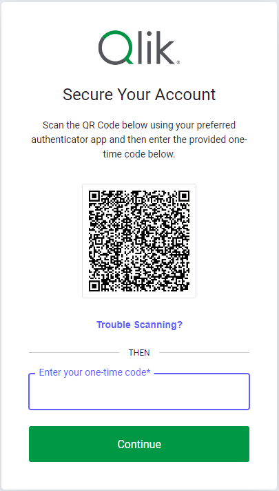 Setup screen with QR code and field to add one-time code.