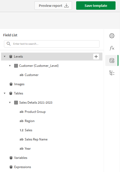 Image showing the 'Field List' menu expanded in the right side panel of the designer. The 'Field List' menu shows several example data bindings that have been added, such as levels and tables