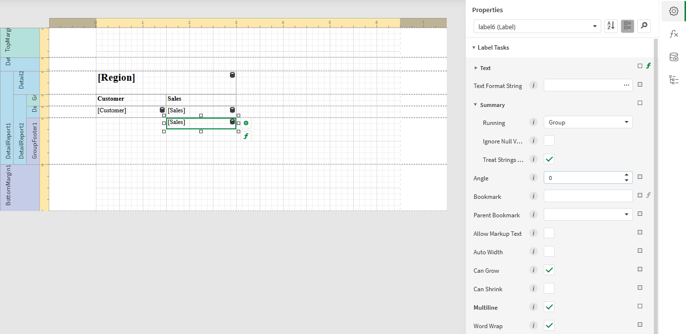 Designer interface showing a totals label added, along with the Properties for configuring the total calculations shown on the right side