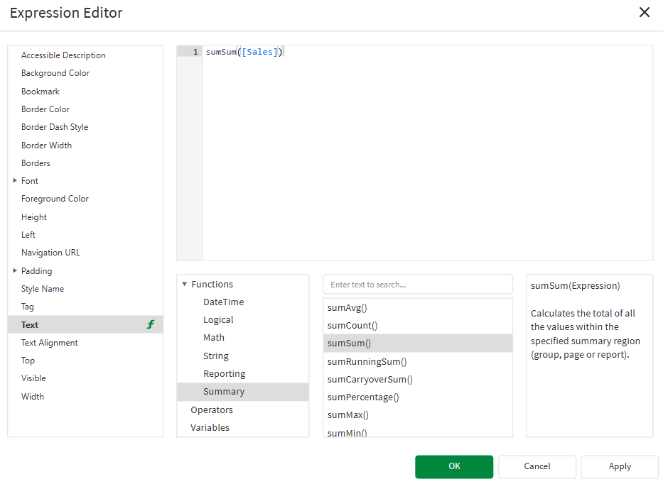 Expression Editor dialog showing an expression entered for summarizing aggregations