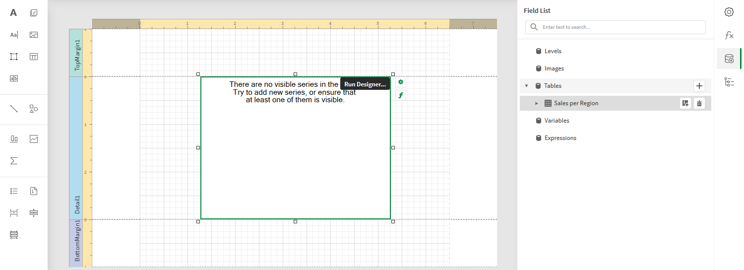 Report template with a blank Chart object added, along with the 'Field List' menu expanded on the right side panel showing the data binding we will use to connect to the chart