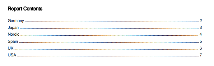 Generated report showing the Table of Contents, with items for each region value, along with their page numbers