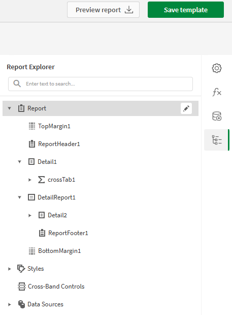 The Report Explorer menu expanded in the right side panel in the designer. In this case, the Report Explorer lists the structural elements in the template, in order of appearance