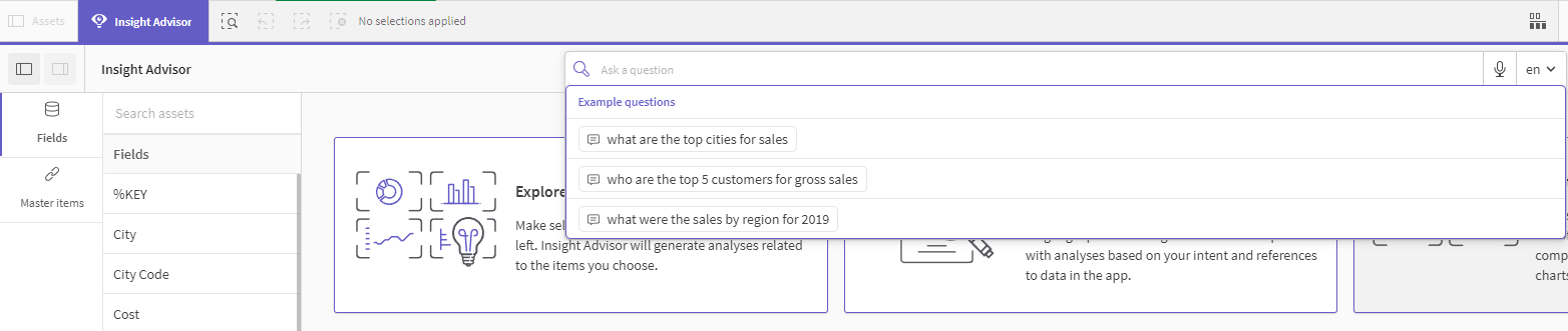 Insight Advisor open in a Qlik Sense app, with example questions populated in the search dropdown menu