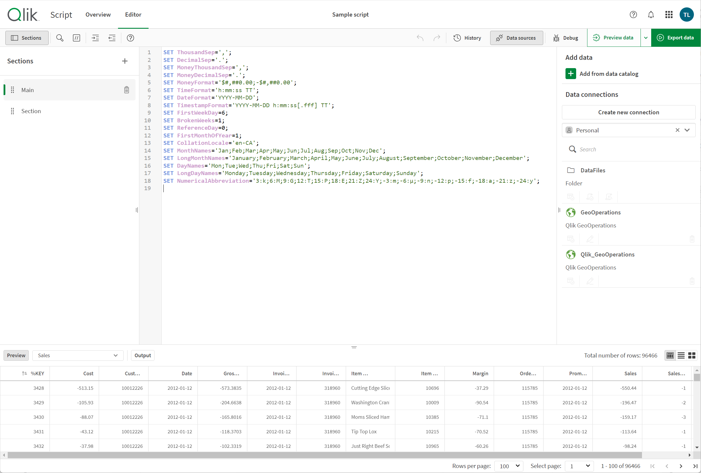 Editor open in Script editor. The text editor contains a load script loading two tables. It stores them in two separate QVD files. Data sources is open showing available data and Preview is open at the bottom, showing a preview of loaded data.