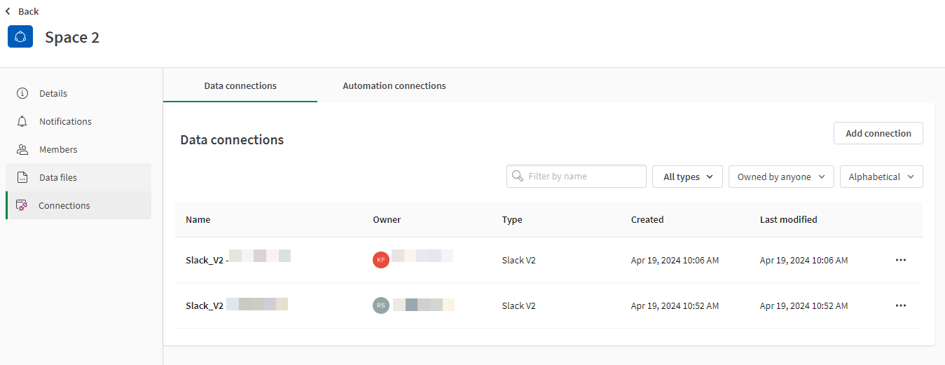 The Data connections section of a shared space