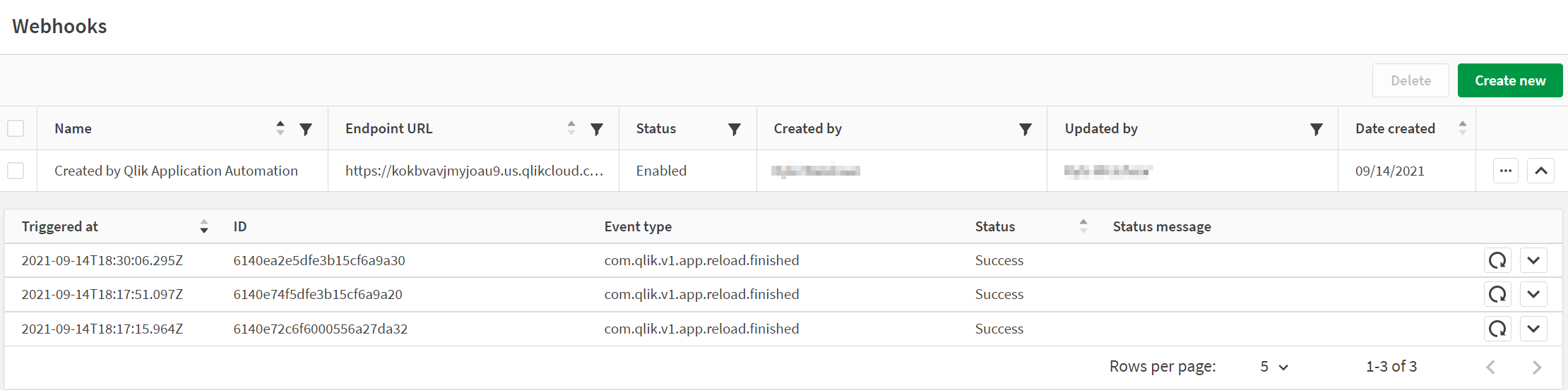 The management console webhooks table showing a webhook and the expanded view