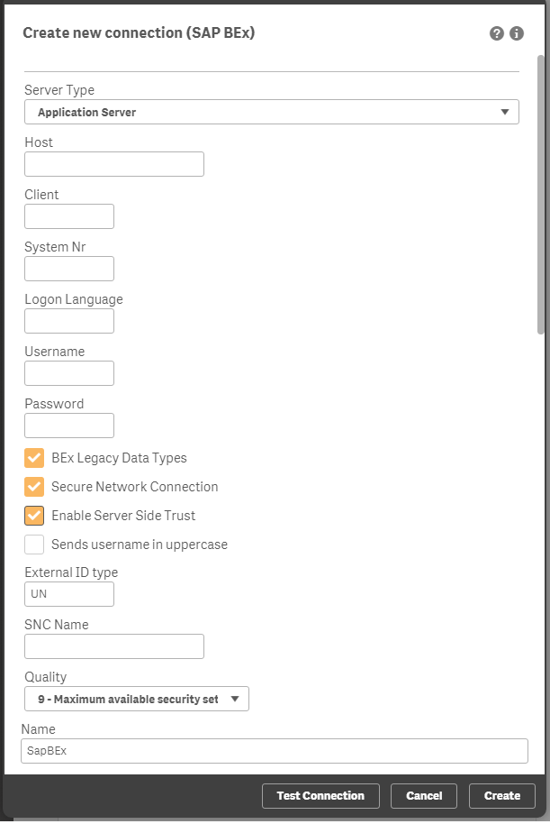 Create new connection dialogue