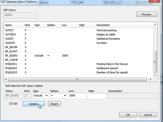 SAP Queries Select Options dialog